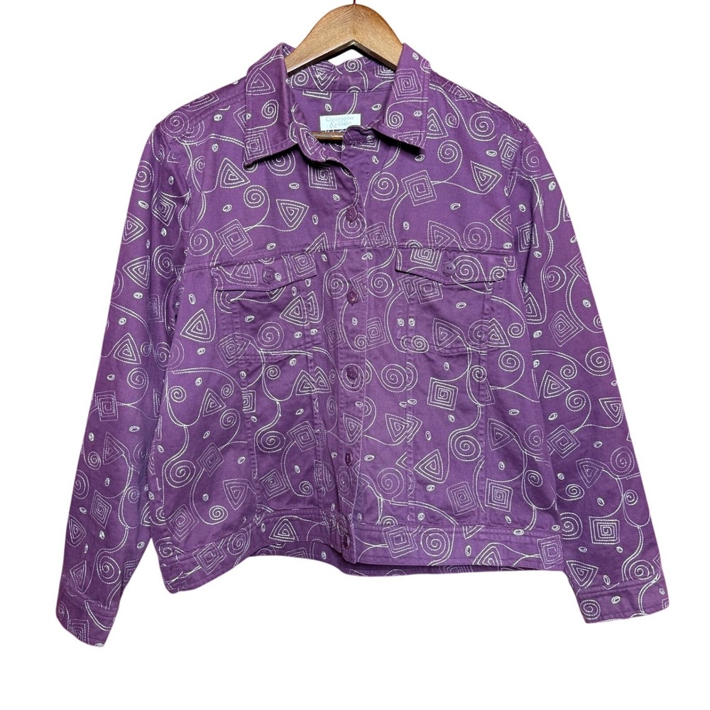 VTG Christopher & Banks Women NA Purple Embroidery Geometry Denim Trucker Jacket